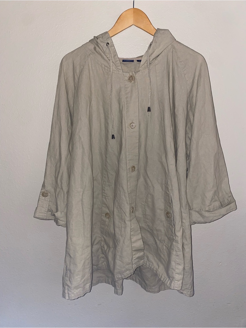 Westbound Woman Linen Cotton Hooded Jacket 2X Tan Cuffed Sleeve Plus Size
